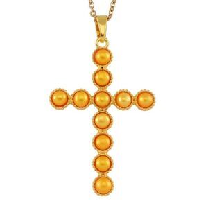 Golden Freshwater Pearl Cross Pendant 20” Necklace New